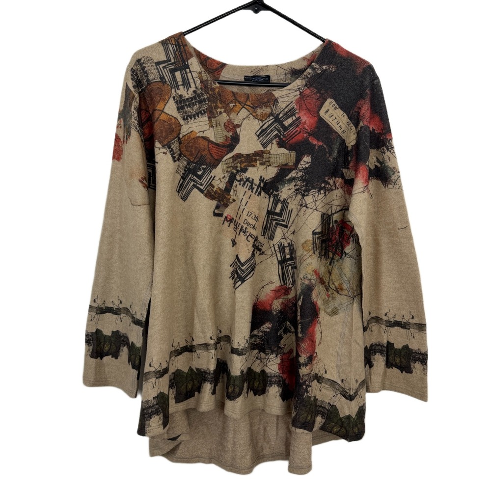 Inoah Sweater Top Womens Medium Tan Red Abstract Graphic Print High Low Art